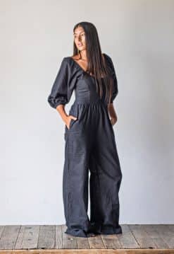 Linen Puff-Sleeve Jumpsuit